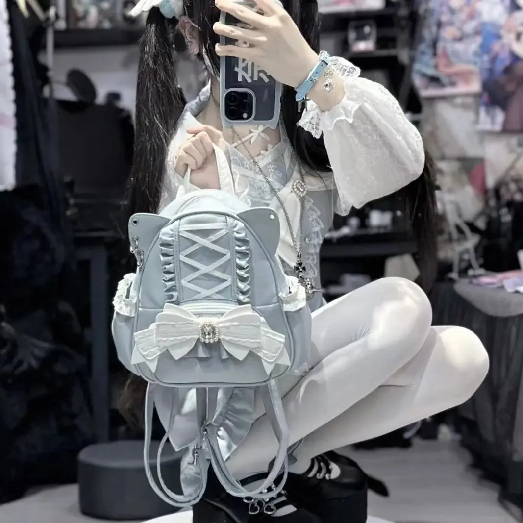 Uakiss Cute Womens Backpack Small Sweet Bow Lace Elegant Fashion Aesthetic Backpacks Casual Lolita Jk College Style Female Bag
