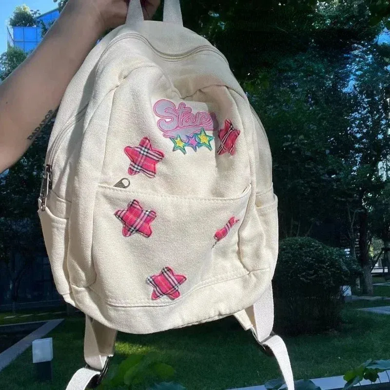 UAKISS  - High-capacity Star Letter Design Backpacks Women Streetwear All Match Schoolbags Japanese Students Y2k Casual Canvas Backpack