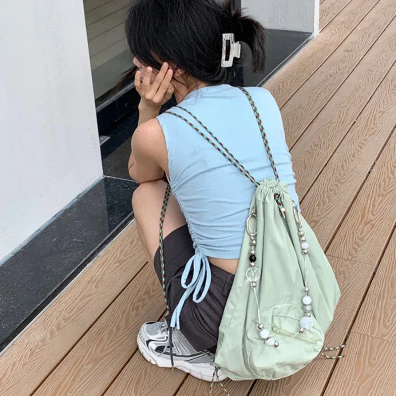 UAKISS  - Korean Casual Beading Chain Shoulder Crossbody Bags Simple Y2k Students All Match Schoolbag  Preppy Backpacks Women Trendy