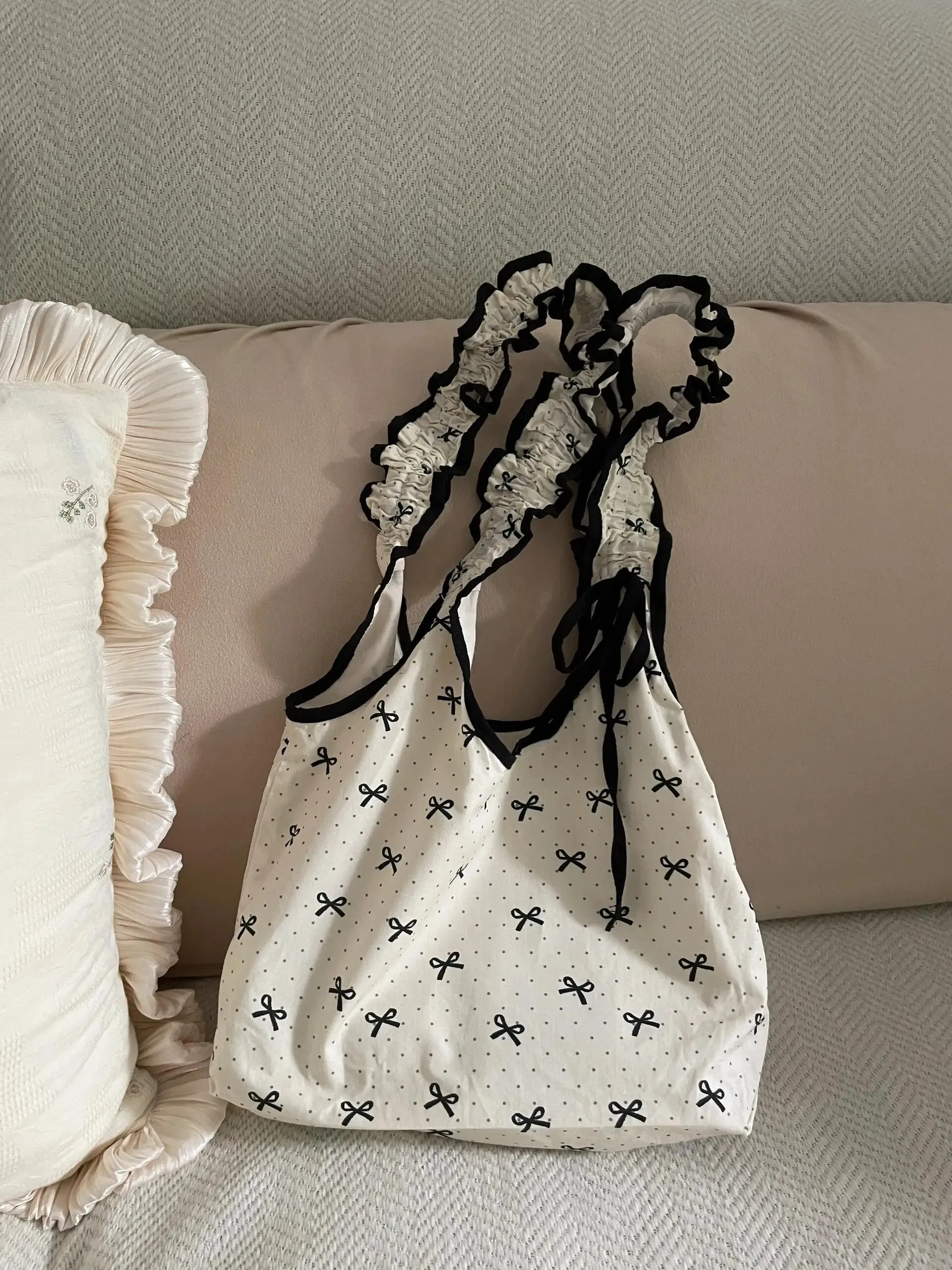 UAKISS  -   Korean Niche Bow Canvas Women Bag Drawstring Pleats Single Shoulder Underarm Handbag Large Capacity Commuting Tote Bags