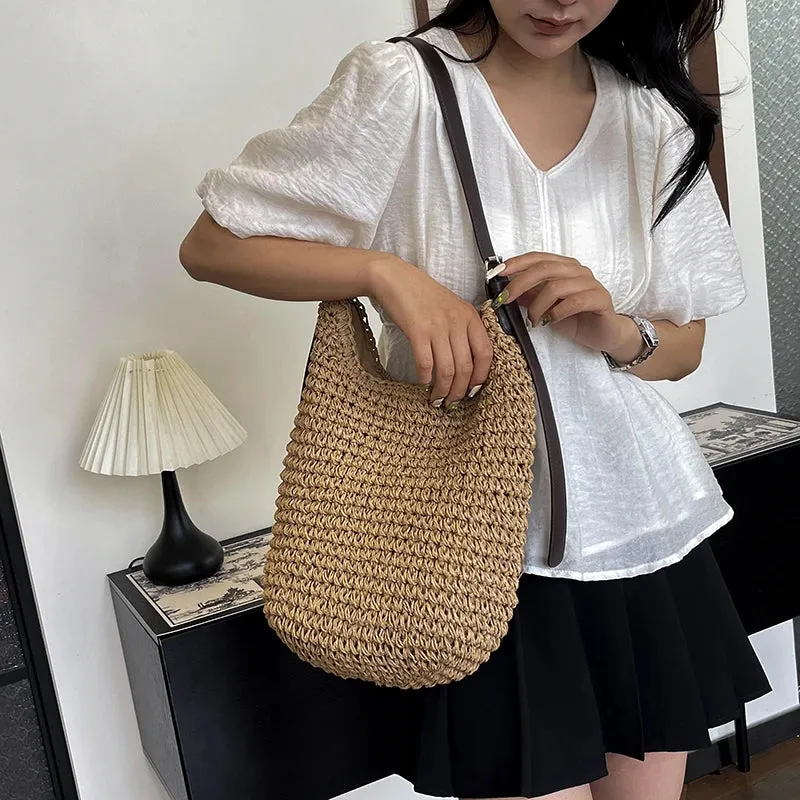 UAKISS  -  Straw Tote Bags for Women 2024 Y2K Korean Fashion Summer Shoulder Bags Lady Travel Handbags Weave Travel Beach Bag