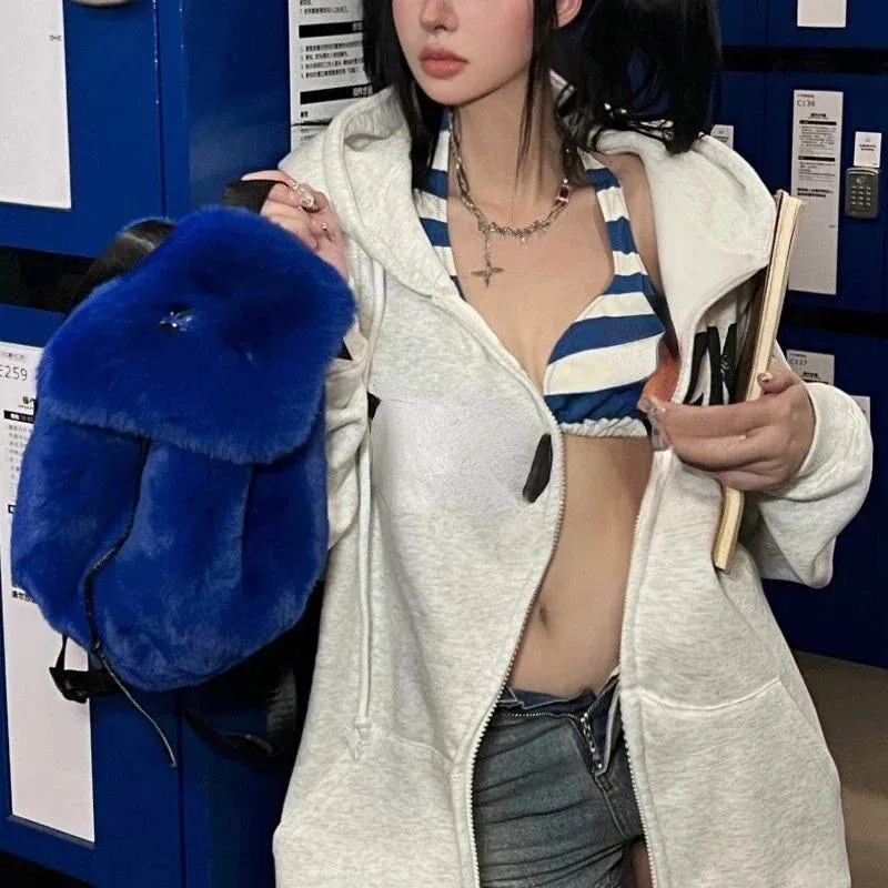 UAKISS  - Student All Match Kawaii Leopard Women's Bags Y2k Aesthetic Fluffy Personality Schoolbags Japanese Casual Drawstring Backpacks