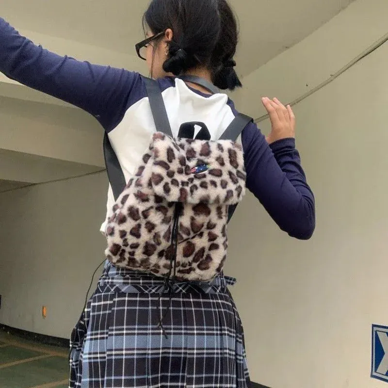 UAKISS  - Student All Match Kawaii Leopard Women's Bags Y2k Aesthetic Fluffy Personality Schoolbags Japanese Casual Drawstring Backpacks