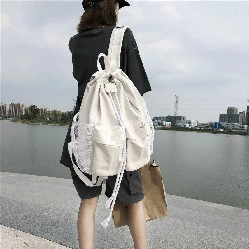 UAKISS  - Women Students Vintage All Match Schoolbags Casual Drawstring Chic Canvas Bags High-capacity Streetwear Simple Backpacks New Y2k