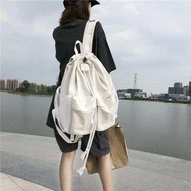 UAKISS  - Women Students Vintage All Match Schoolbags Casual Drawstring Chic Canvas Bags High-capacity Streetwear Simple Backpacks New Y2k
