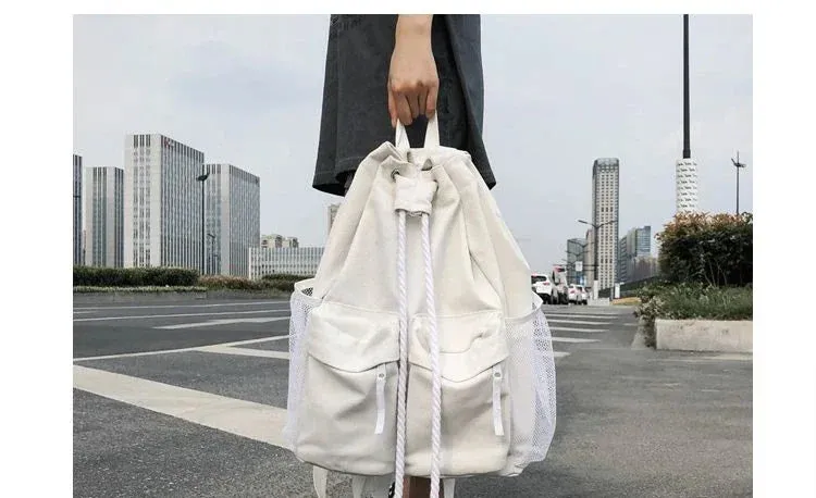 UAKISS  - Women Students Vintage All Match Schoolbags Casual Drawstring Chic Canvas Bags High-capacity Streetwear Simple Backpacks New Y2k