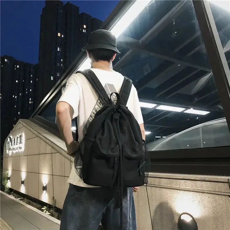 UAKISS  - Women Students Vintage All Match Schoolbags Casual Drawstring Chic Canvas Bags High-capacity Streetwear Simple Backpacks New Y2k