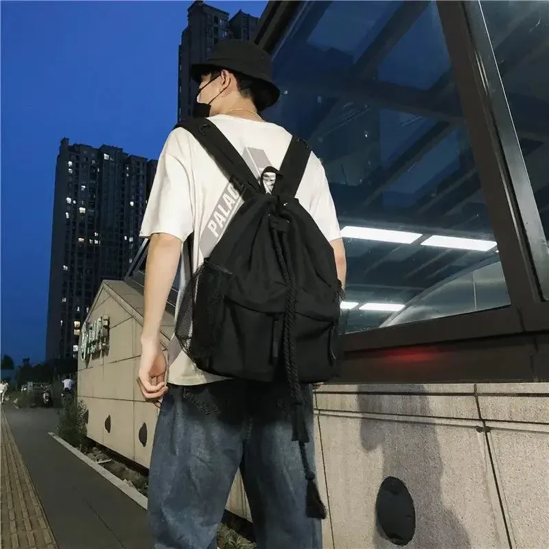 UAKISS  - Women Students Vintage All Match Schoolbags Casual Drawstring Chic Canvas Bags High-capacity Streetwear Simple Backpacks New Y2k