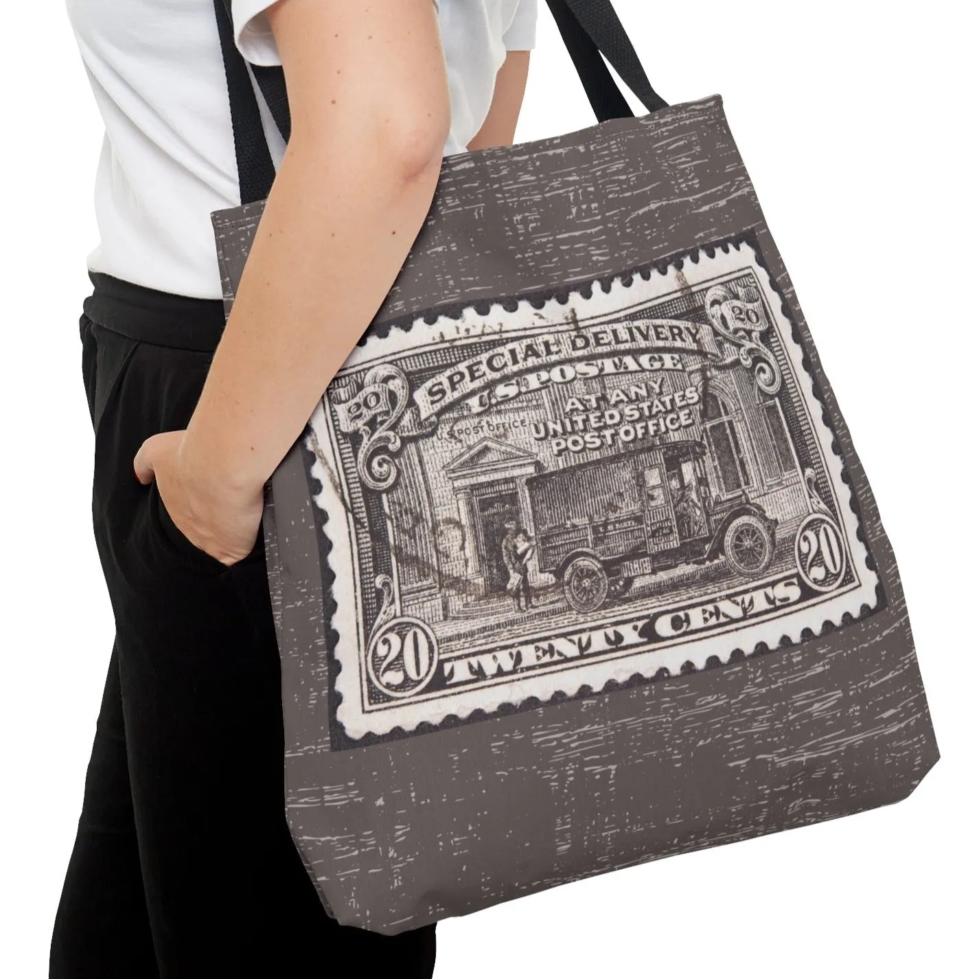 Vintage Twenty Cent Stamp Large Tote Bag - Retro Mocha Background Fashion Accessory